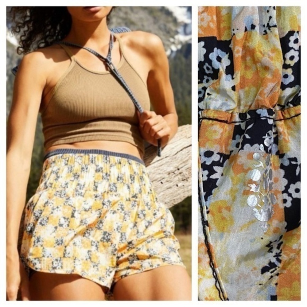 Free People FP Movement Yellow Black Floral Check The Way Home Shorts Small